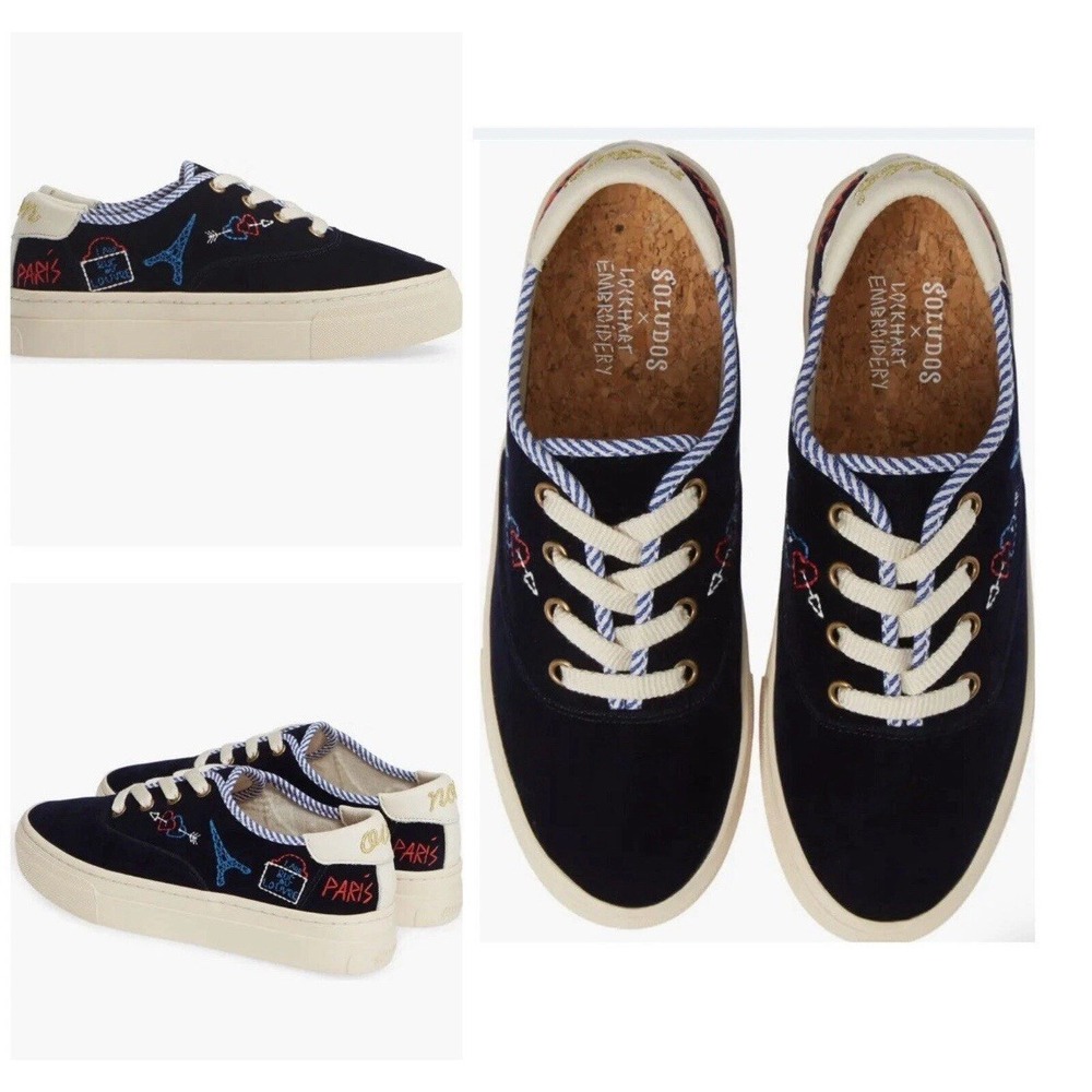 Soludos Velvet Paris Platform Sneakers In Navy Size 9 $169 Extra Shoe Strings‎